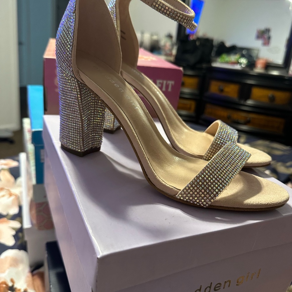 Steve Madden Rhinestone Block Heels - Cream